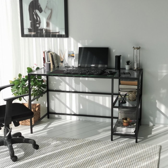 Hanah Home Mesa de Estudio M101F 130x60cm, Cristal Templado y Metal, Diseño Moderno e Industrial